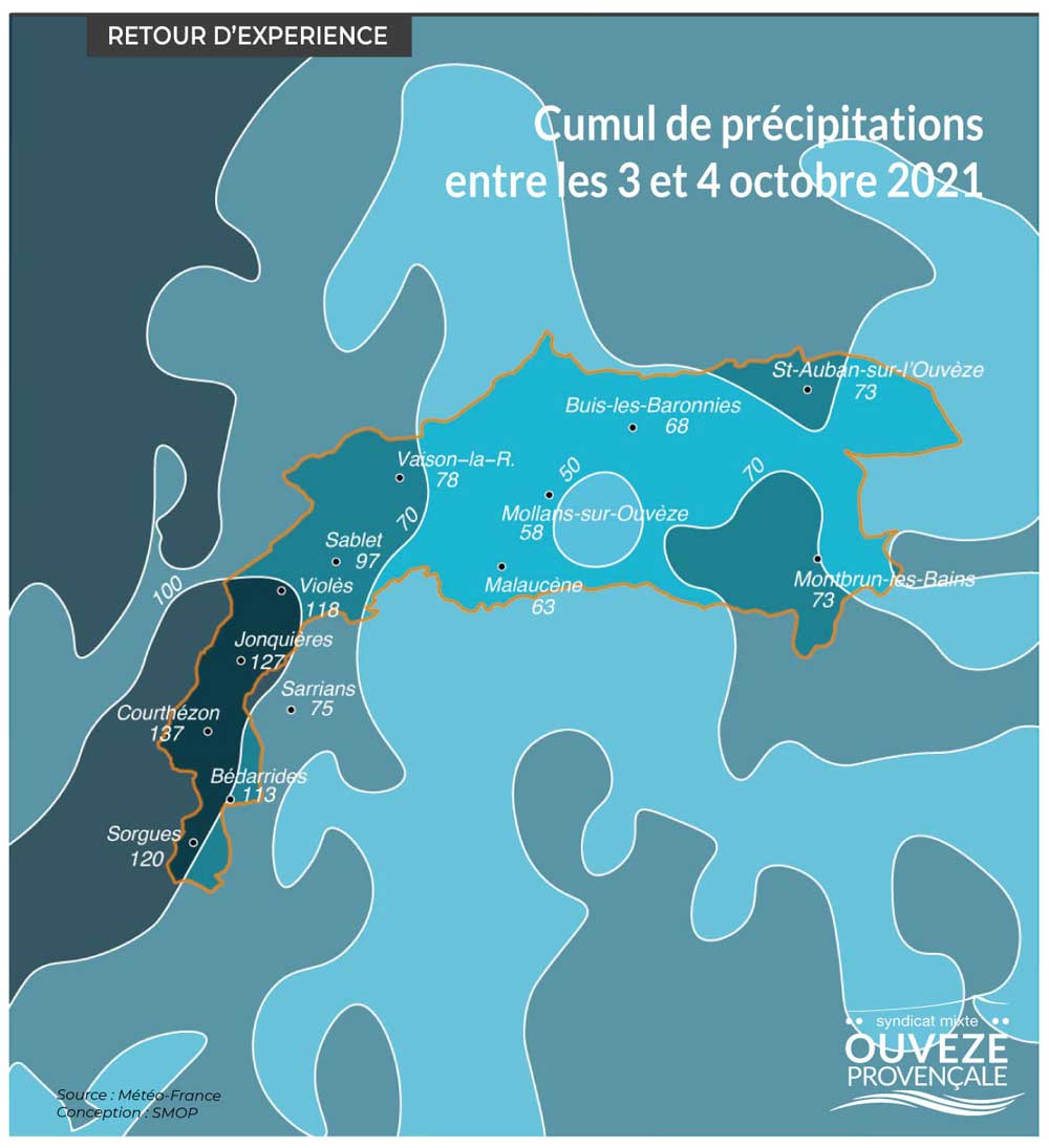 cumul des précipitations du 3 et 4 octobre 2021 par le SMOP