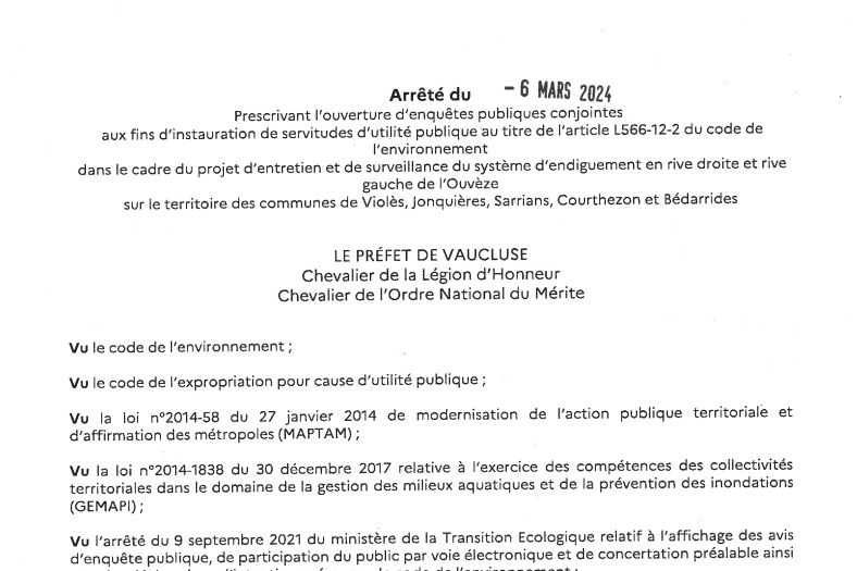 Avis ouverture enquête publique SUP digues Ouvèze Violès Sarrians Jonquières Courthézon Bédarrides